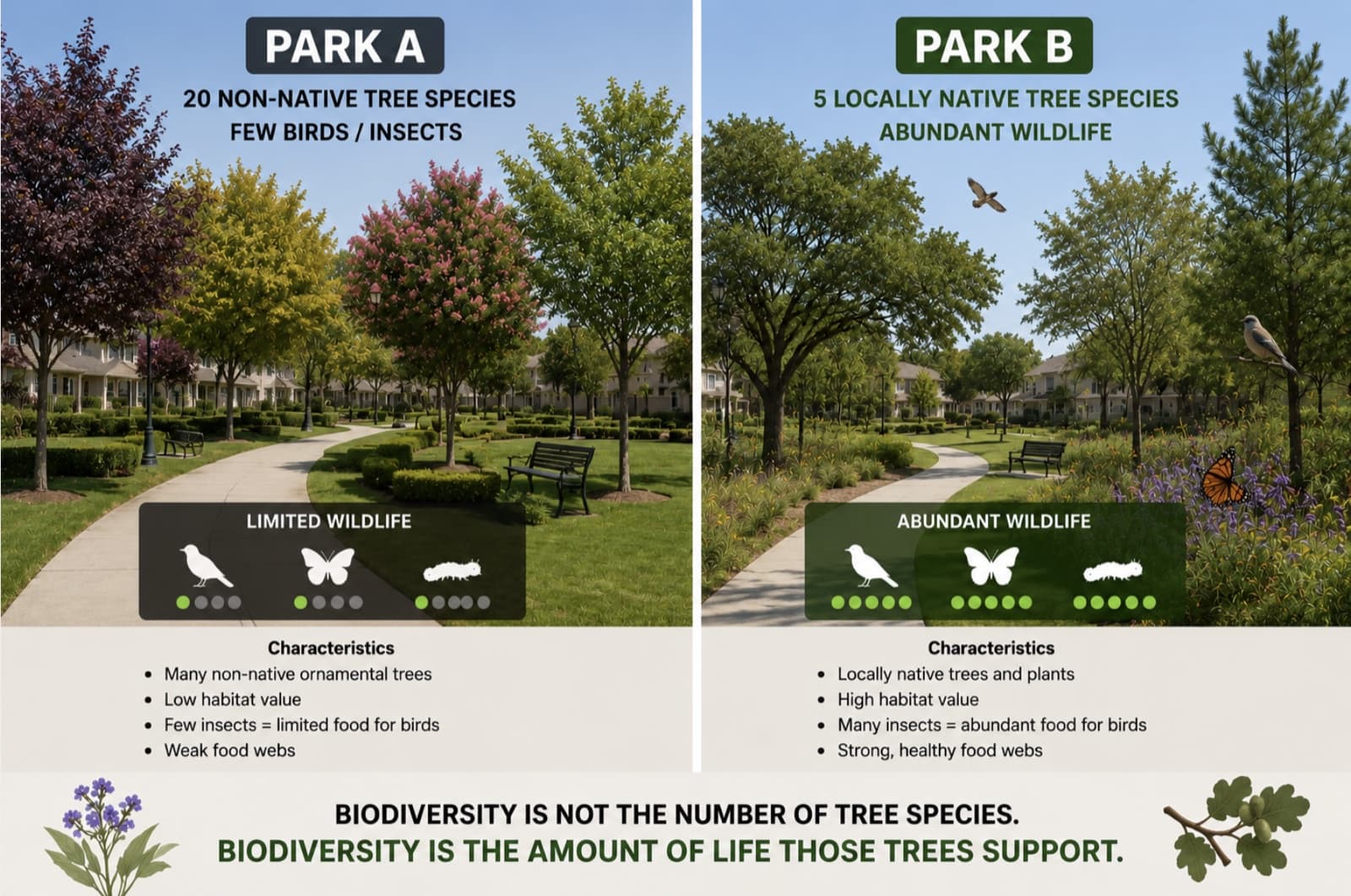 Side-by-side comparison: Park A has 20 non-native tree species and few birds or insects with limited wildlife; Park B has 5 locally native tree species and abundant wildlife including birds, butterflies, and caterpillars.