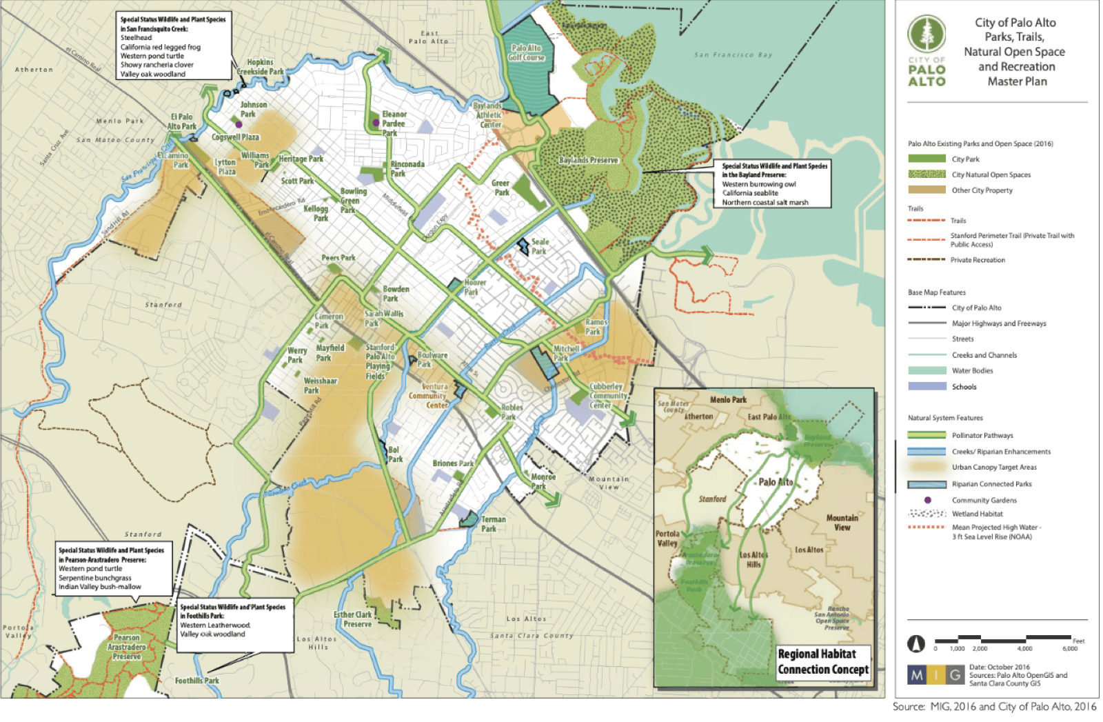Map of Palo Alto's parks, trails, natural open space, pollinator pathways, riparian enhancements, urban canopy target areas, and special-status wildlife and plant species by preserve.