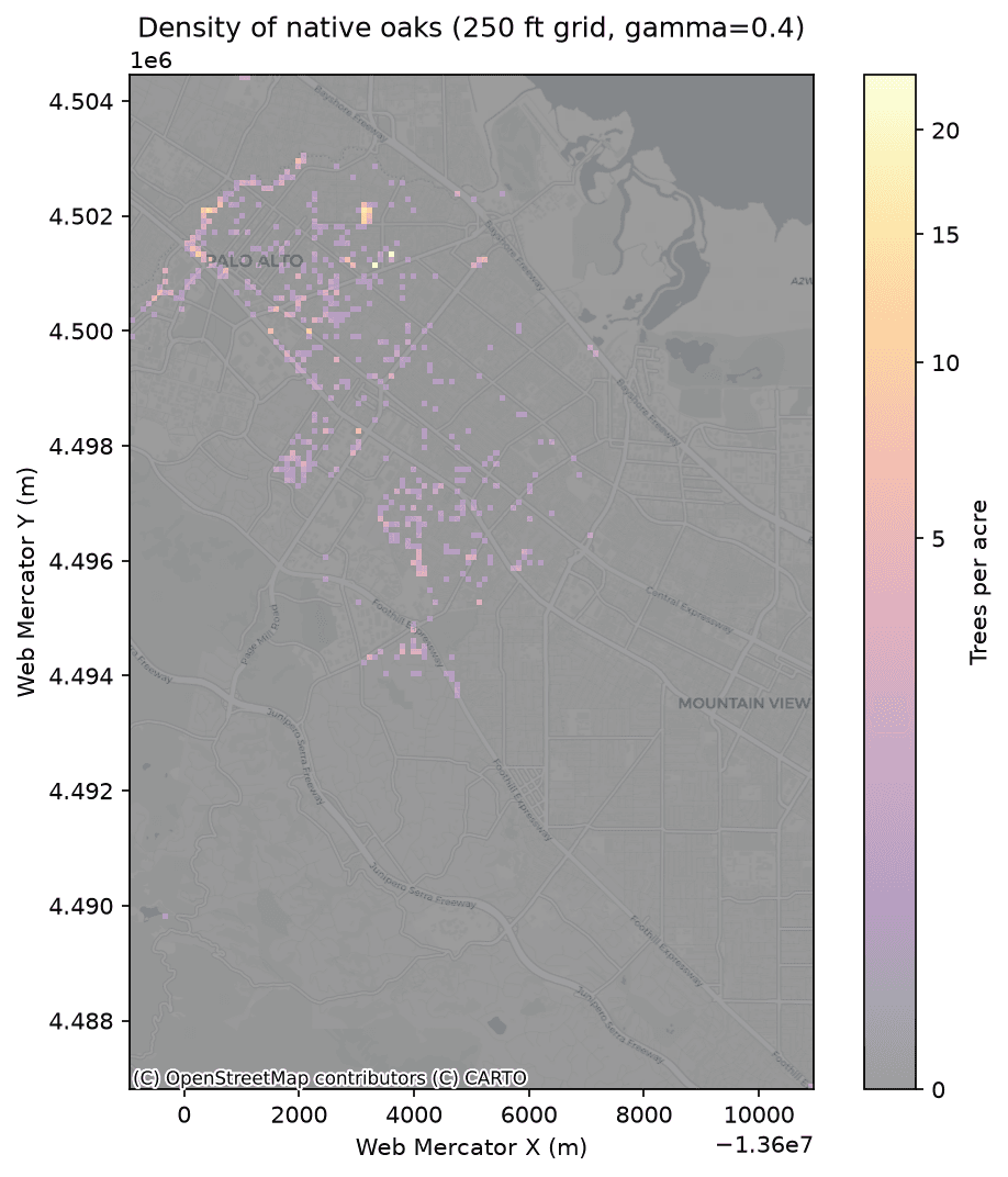 Heat map of native oak tree density in Palo Alto