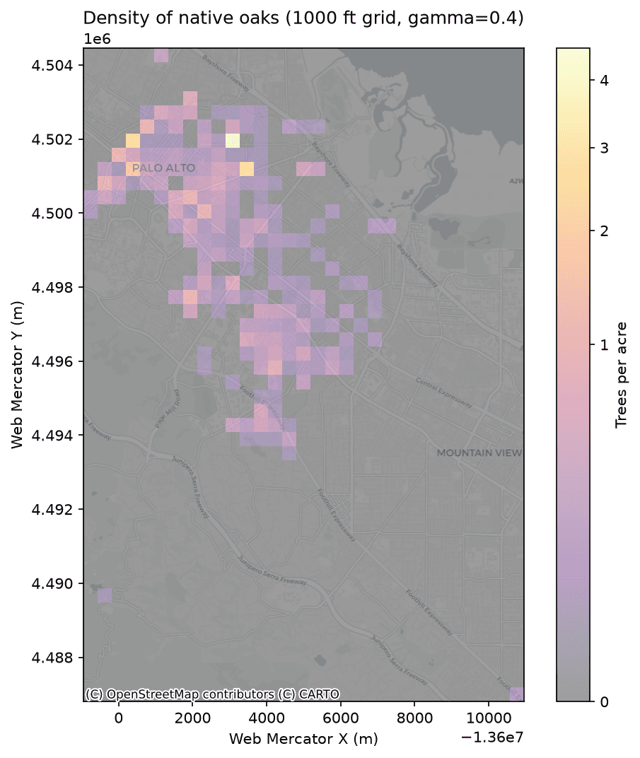 Coarse-grid heat map of native oak tree density in Palo Alto