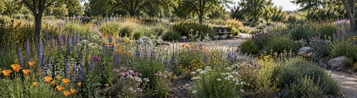 A panoramic view of a landscaped park path lined with native lupine, California poppies, and yarrow.